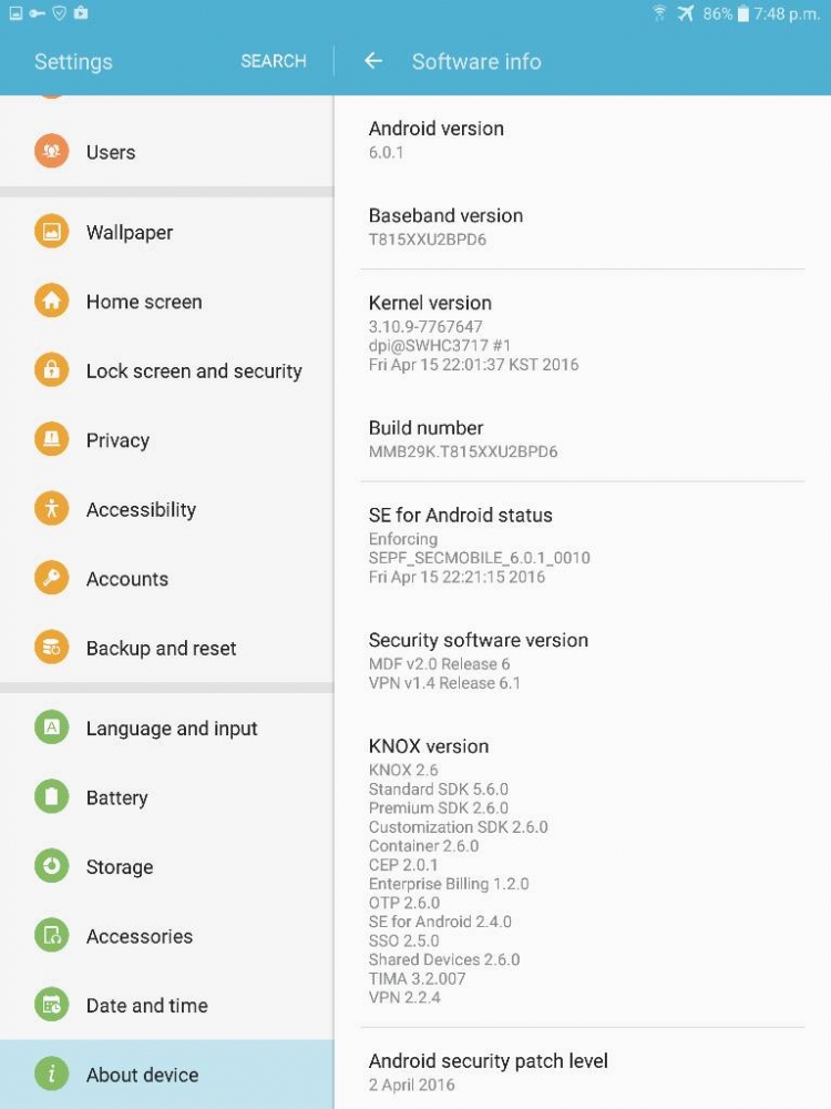 Galaxy Tab S2, Android 6.0 Güncellemesi