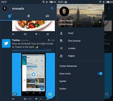 twitter gece modu
