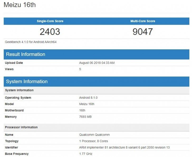 Meizu 16 Geekbench