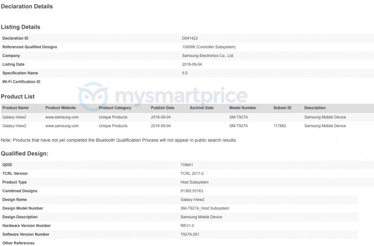 Samsung Galaxy View 2 Tableti Wi-Fi ve Bluetooth Sertifikalarını Aldı