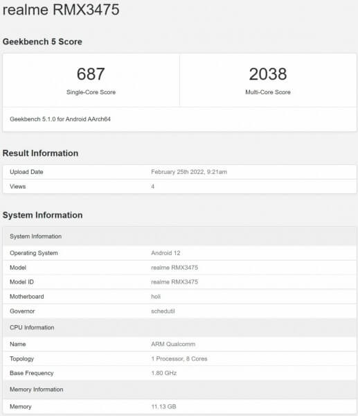 Realme V25 Geekbench