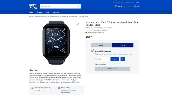 Motorola Moto Watch 70, Best Buy'da listelendi